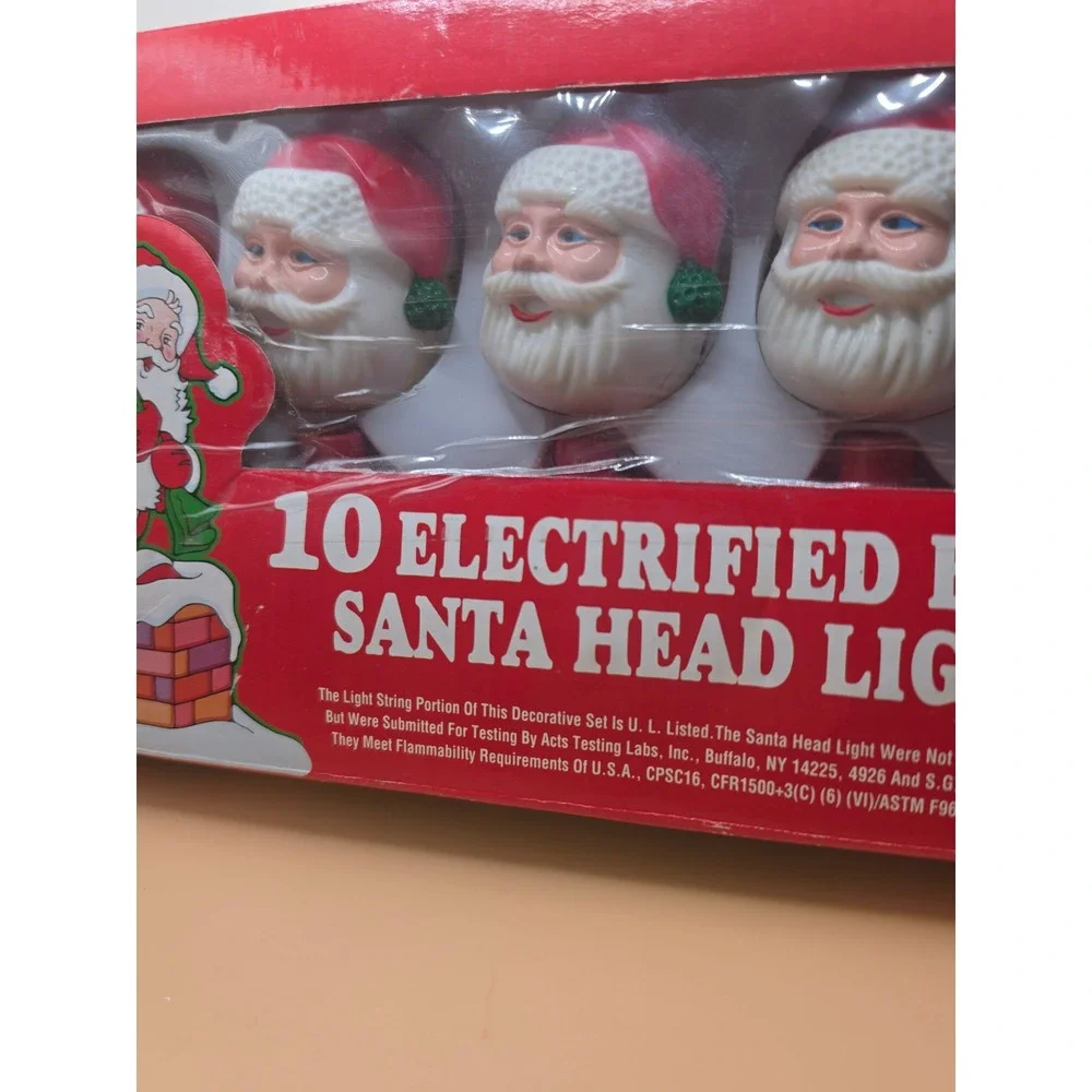 Vintage 10 Electrified Blinking Santa Head Light Set Christmas Decor untested